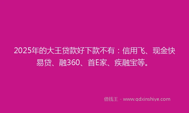 2025年的大王贷款好下款不有：信用飞、现金快易贷、融360、首E家、疾融宝等。