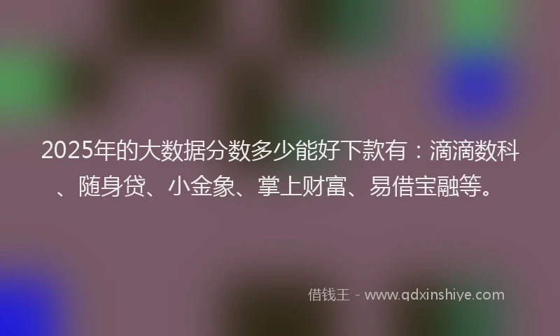 2025年的大数据分数多少能好下款有：滴滴数科、随身贷、小金象、掌上财富、易借宝融等。