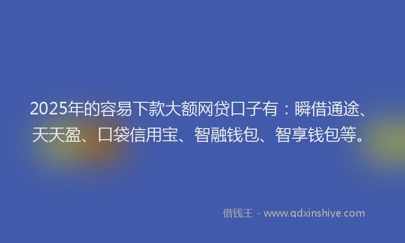 2025年的容易下款大额网贷口子有:瞬借通途、天天盈、口袋信用宝、智融钱包、智享钱包等。