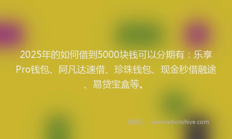 2025年的如何借到5000块钱可以分期有：乐享Pro钱包、阿凡达速借、珍珠钱包、现金秒借融途、易贷宝盒等。