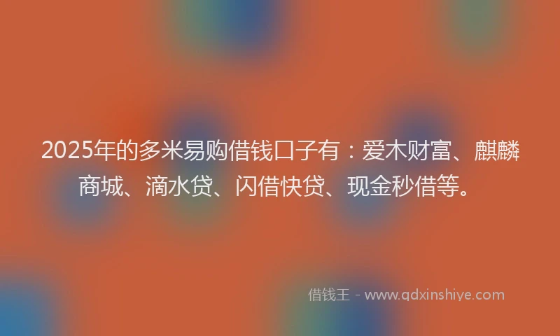 2025年的多米易购借钱口子有：爱木财富、麒麟商城、滴水贷、闪借快贷、现金秒借等。
