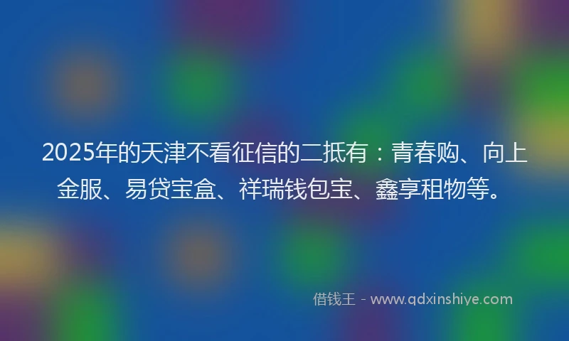 2025年的天津不看征信的二抵有：青春购、向上金服、易贷宝盒、祥瑞钱包宝、鑫享租物等。