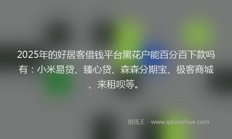 2025年的好居客借钱平台黑花户能百分百下款吗有：小米易贷、臻心贷、森森分期宝、极客商城、来租呗等。