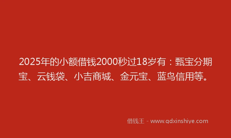 2025年的小额借钱2000秒过18岁有：甄宝分期宝、云钱袋、小吉商城、金元宝、蓝鸟信用等。