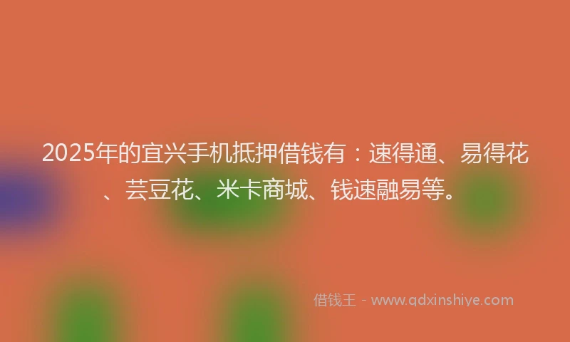 2025年的宜兴手机抵押借钱有：速得通、易得花、芸豆花、米卡商城、钱速融易等。