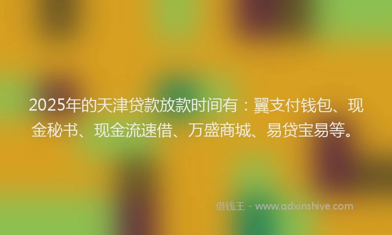 2025年的天津贷款放款时间有：翼支付钱包、现金秘书、现金流速借、万盛商城、易贷宝易等。