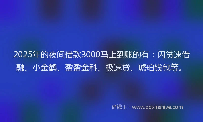 2025年的夜间借款3000马上到账的有：闪贷速借融、小金鹤、盈盈金科、极速贷、琥珀钱包等。