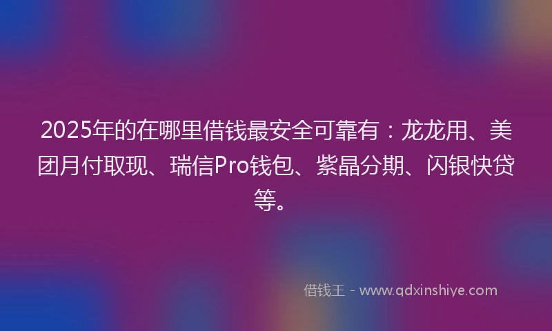 2025年的在哪里借钱最安全可靠有：龙龙用、美团月付取现、瑞信Pro钱包、紫晶分期、闪银快贷等。