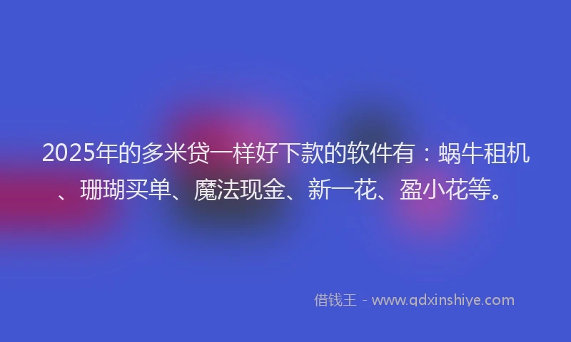 2025年的多米贷一样好下款的软件有：蜗牛租机、珊瑚买单、魔法现金、新一花、盈小花等。