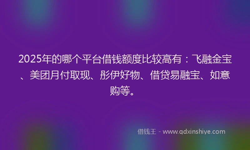 2025年的哪个平台借钱额度比较高有：飞融金宝、美团月付取现、彤伊好物、借贷易融宝、如意购等。
