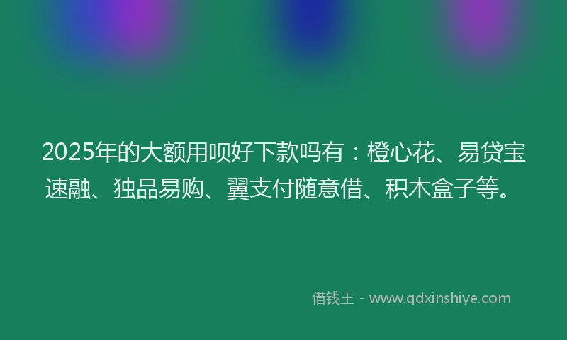 2025年的大额用呗好下款吗有：橙心花、易贷宝速融、独品易购、翼支付随意借、积木盒子等。