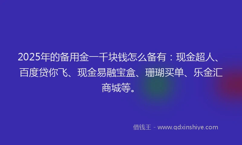 2025年的备用金一千块钱怎么备有：现金超人、百度贷你飞、现金易融宝盒、珊瑚买单、乐金汇商城等。