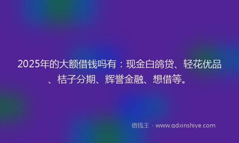 2025年的大额借钱吗有：现金白鸽贷、轻花优品、桔子分期、辉誉金融、想借等。