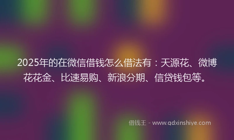 2025年的在微信借钱怎么借法有：天源花、微博花花金、比速易购、新浪分期、信贷钱包等。