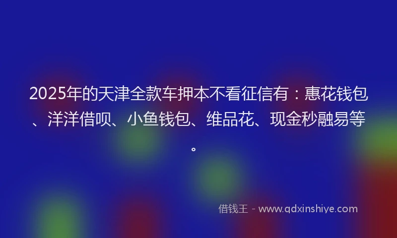 2025年的天津全款车押本不看征信有：惠花钱包、洋洋借呗、小鱼钱包、维品花、现金秒融易等。