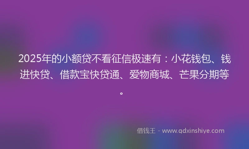 2025年的小额贷不看征信极速有：小花钱包、钱进快贷、借款宝快贷通、爱物商城、芒果分期等。
