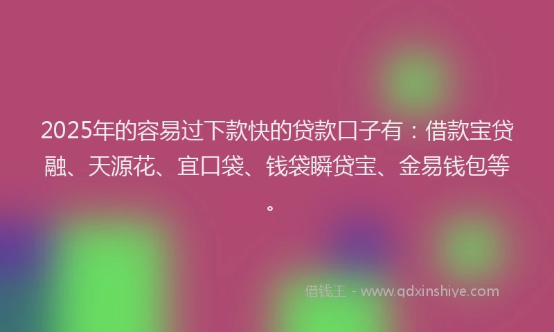 2025年的容易过下款快的贷款口子有：借款宝贷融、天源花、宜口袋、钱袋瞬贷宝、金易钱包等。