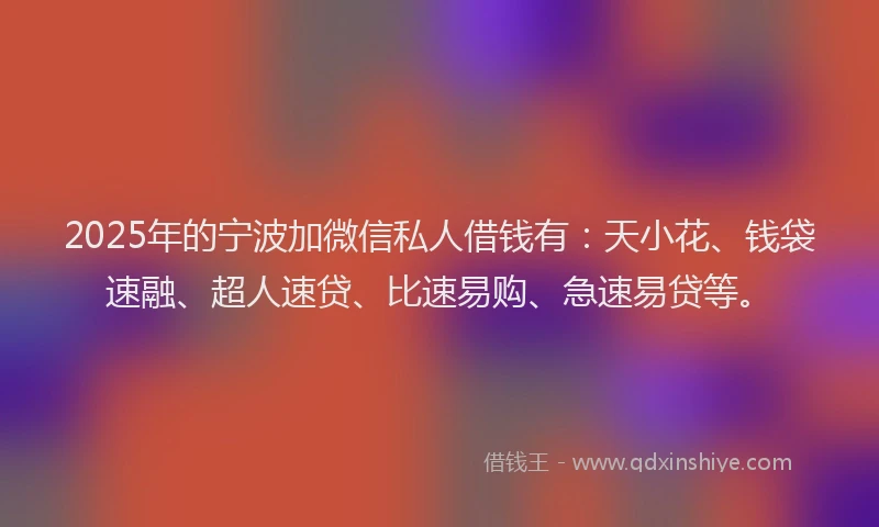 2025年的宁波加微信私人借钱有：天小花、钱袋速融、超人速贷、比速易购、急速易贷等。