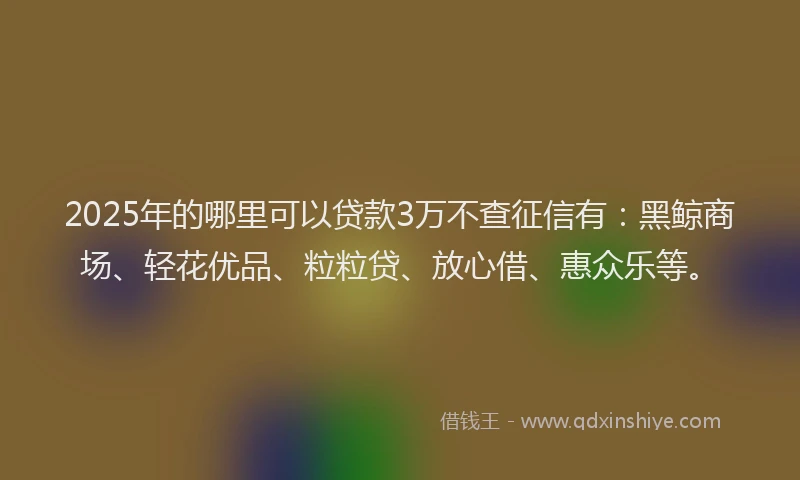 2025年的哪里可以贷款3万不查征信有：黑鲸商场、轻花优品、粒粒贷、放心借、惠众乐等。