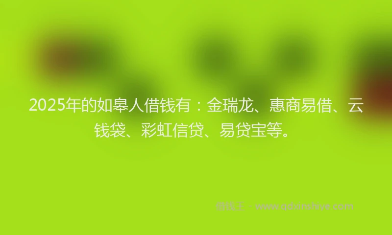 2025年的如皋人借钱有：金瑞龙、惠商易借、云钱袋、彩虹信贷、易贷宝等。