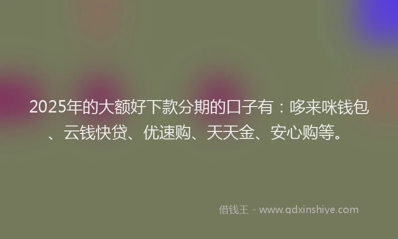 2025年的大额好下款分期的口子有：哆来咪钱包、云钱快贷、优速购、天天金、安心购等。