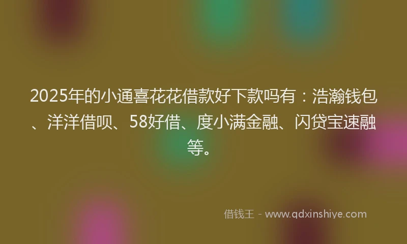 2025年的小通喜花花借款好下款吗有：浩瀚钱包、洋洋借呗、58好借、度小满金融、闪贷宝速融等。