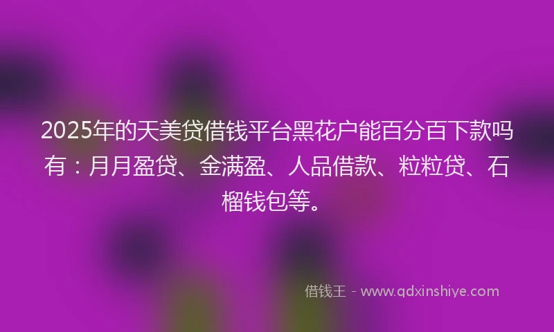 2025年的天美贷借钱平台黑花户能百分百下款吗有：月月盈贷、金满盈、人品借款、粒粒贷、石榴钱包等。