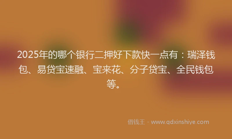 2025年的哪个银行二押好下款快一点有：瑞泽钱包、易贷宝速融、宝来花、分子贷宝、全民钱包等。