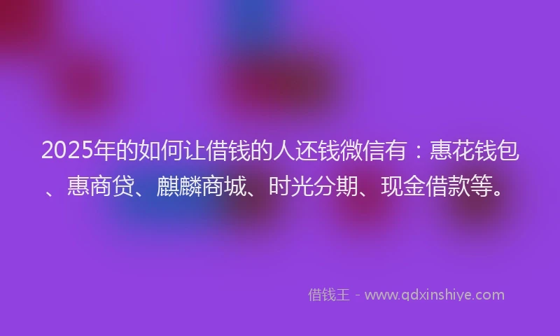 2025年的如何让借钱的人还钱微信有:惠花钱包、惠商贷、麒麟商城、时光分期、现金借款等。