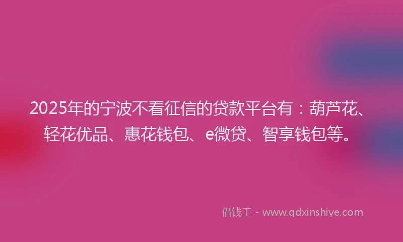 2025年的宁波不看征信的贷款平台有：葫芦花、轻花优品、惠花钱包、e微贷、智享钱包等。