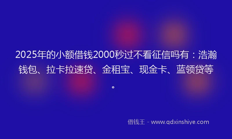 2025年的小额借钱2000秒过不看征信吗有：浩瀚钱包、拉卡拉速贷、金租宝、现金卡、蓝领贷等。