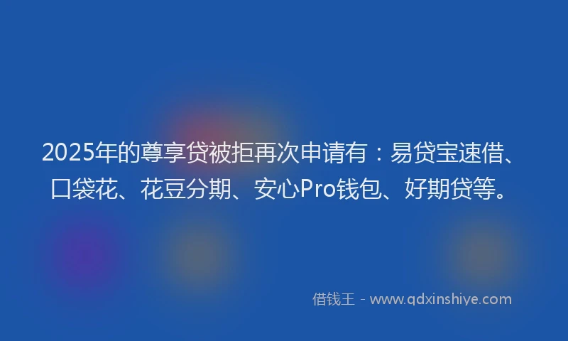 2025年的尊享贷被拒再次申请有：易贷宝速借、口袋花、花豆分期、安心Pro钱包、好期贷等。
