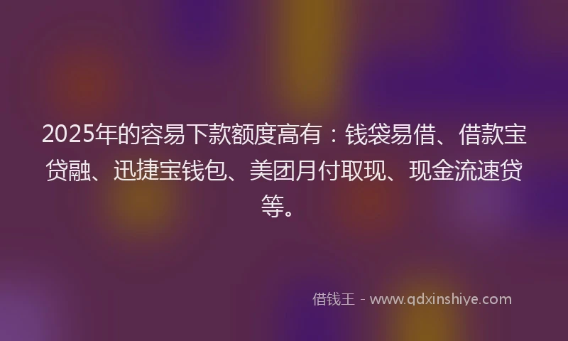 2025年的容易下款额度高有:钱袋易借、借款宝贷融、迅捷宝钱包、美团月付取现、现金流速贷等。