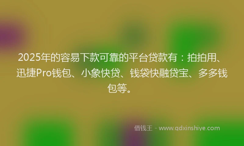 2025年的容易下款可靠的平台贷款有：拍拍用、迅捷Pro钱包、小象快贷、钱袋快融贷宝、多多钱包等。