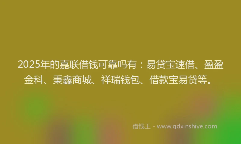 2025年的嘉联借钱可靠吗有：易贷宝速借、盈盈金科、秉鑫商城、祥瑞钱包、借款宝易贷等。