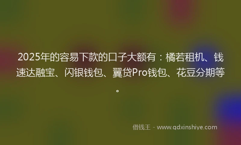 2025年的容易下款的口子大额有：橘若租机、钱速达融宝、闪银钱包、翼贷Pro钱包、花豆分期等。