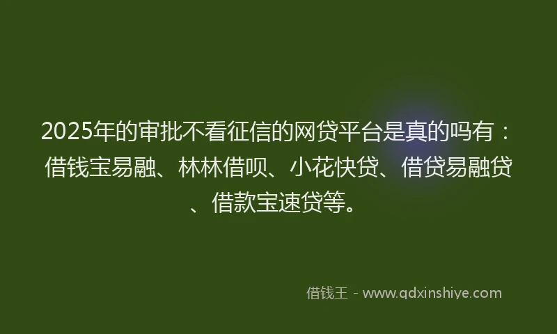 2025年的审批不看征信的网贷平台是真的吗有:借钱宝易融、林林借呗、小花快贷、借贷易融贷、借款宝速贷等。