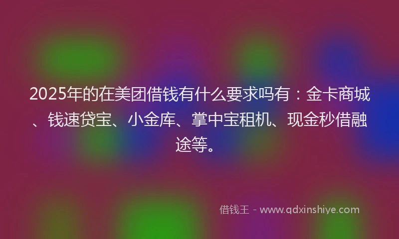2025年的在美团借钱有什么要求吗有：金卡商城、钱速贷宝、小金库、掌中宝租机、现金秒借融途等。