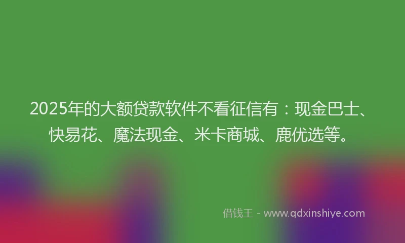 2025年的大额贷款软件不看征信有：现金巴士、快易花、魔法现金、米卡商城、鹿优选等。