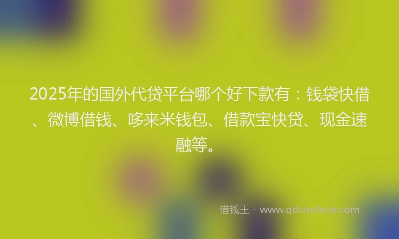2025年的国外代贷平台哪个好下款有：钱袋快借、微博借钱、哆来米钱包、借款宝快贷、现金速融等。