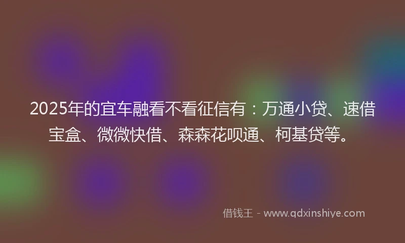 2025年的宜车融看不看征信有：万通小贷、速借宝盒、微微快借、森森花呗通、柯基贷等。
