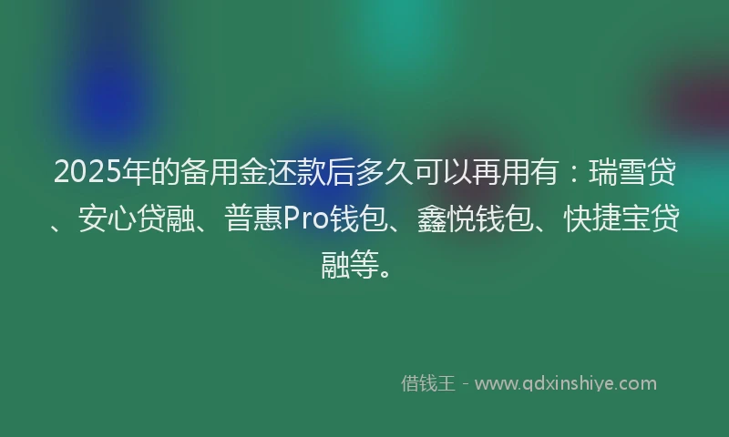 2025年的备用金还款后多久可以再用有：瑞雪贷、安心贷融、普惠Pro钱包、鑫悦钱包、快捷宝贷融等。
