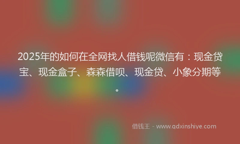 2025年的如何在全网找人借钱呢微信有：现金贷宝、现金盒子、森森借呗、现金贷、小象分期等。