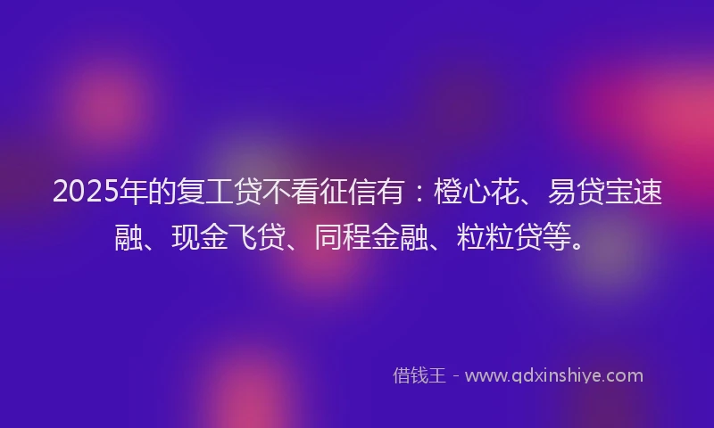 2025年的复工贷不看征信有：橙心花、易贷宝速融、现金飞贷、同程金融、粒粒贷等。