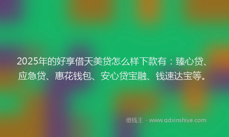2025年的好享借天美贷怎么样下款有：臻心贷、应急贷、惠花钱包、安心贷宝融、钱速达宝等。