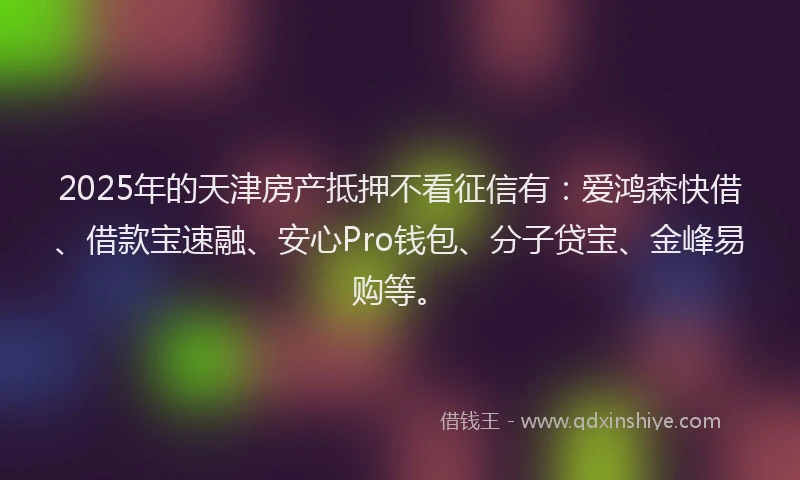 2025年的天津房产抵押不看征信有：爱鸿森快借、借款宝速融、安心Pro钱包、分子贷宝、金峰易购等。