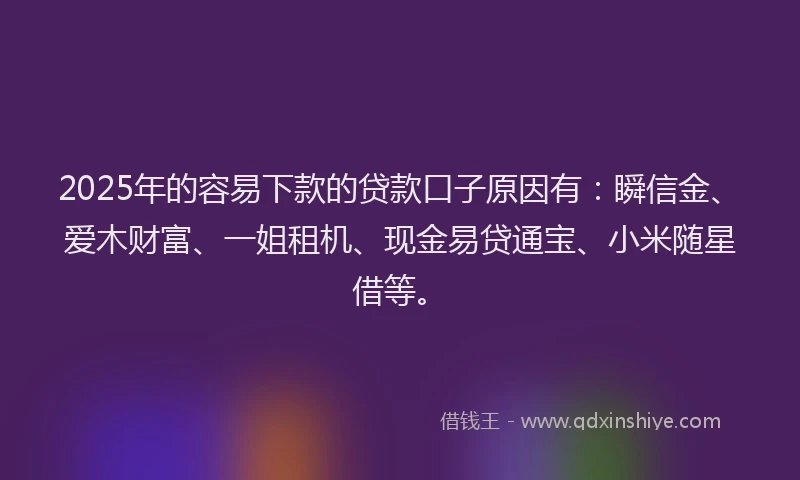 2025年的容易下款的贷款口子原因有：瞬信金、爱木财富、一姐租机、现金易贷通宝、小米随星借等。
