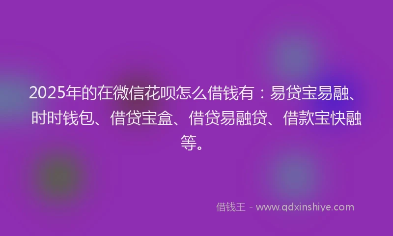 2025年的在微信花呗怎么借钱有：易贷宝易融、时时钱包、借贷宝盒、借贷易融贷、借款宝快融等。