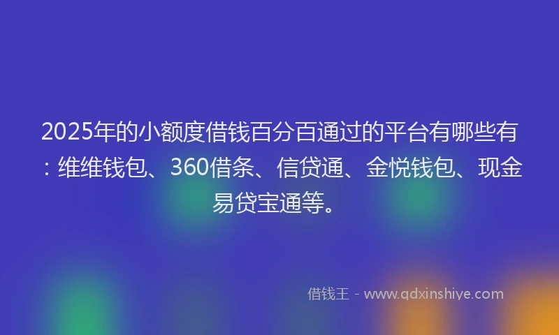 2025年的小额度借钱百分百通过的平台有哪些有：维维钱包、360借条、信贷通、金悦钱包、现金易贷宝通等。