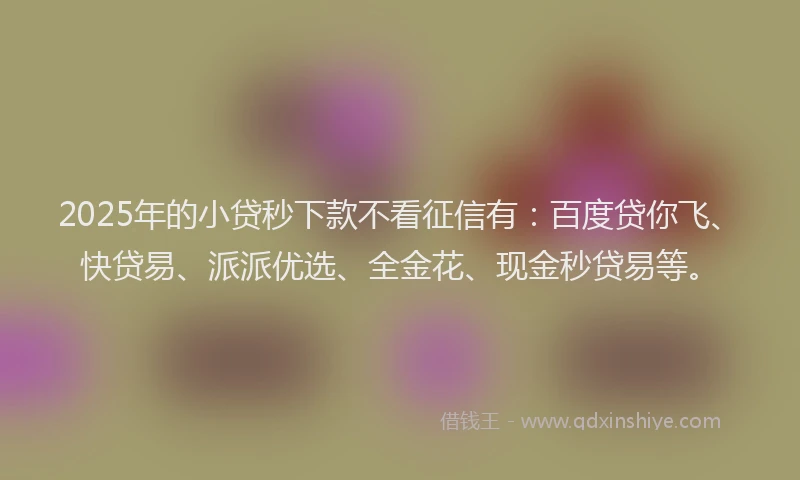 2025年的小贷秒下款不看征信有：百度贷你飞、快贷易、派派优选、全金花、现金秒贷易等。